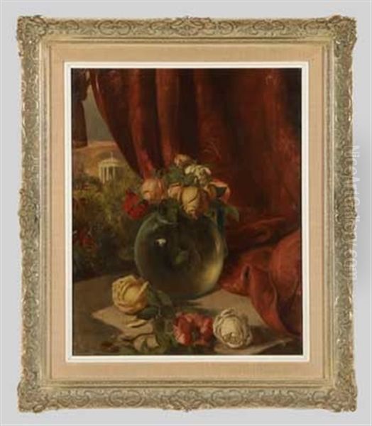 Glasvase Mit Rosen Vor Landschaft Und Architektur (+ Melonen Und Trauben Vor Weitlaufiger Landschaft; 2 Works) - view 1