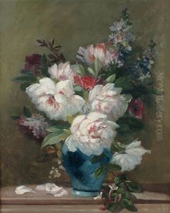 Bouquet De Pivoines Et Autres Fleurs Dans Un Vase Bleu by Emile-Henri Brunner-Lacoste