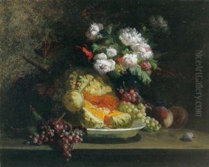 A Still Life With A Squash, Grapes And Peaches On A Tabletop With Flowers In A Vase Behind by Emile-Henri Brunner-Lacoste