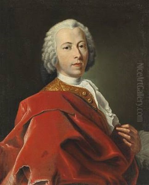 Engraver Johan Martin Preisler (1715-1794) With Grey Wig And Red Velour Cape And His Wife Anna Sophia Preisler (1720-1800) Nee Schuckmann In A Greyish Dress, Blue Velour Cape And Flowers In Her Hair (pair) - view 1
