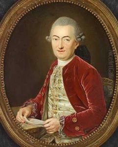 Portraet Af Konferensrad Niels Ryberg I Rod Velourjakke Og Lysegron Silkevest Med Guldbroderier Siddende Ved Et Bord Med Et Brev I Handen