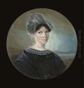 A Lady, In Black Dress With White Collar And Belt, White Gauze Veil Over Her Hair; Landscape Background