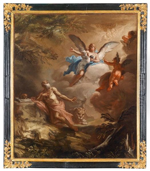 Ein Engel Bringt Dem Heiligen Hieronymus In Der Wuste Die Kommunion (+ Zwei Engel Bringen Der Bussenden Heiligen Maria Magdalena Das Kreuz; Pair) - view 1