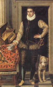 Portrait Of A Gentleman With His Dog Standing Next To A Carpet Draped Table With A Virginals And Book Of Sheet Music