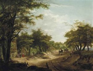 A Wooded Landscape With Travellers On A Track And Figures At Rest Before An Inn by Hermanus Van Brussel