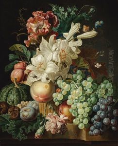 Still Life With Lilies, Carnations And A Poppy In A Wicker Basket, With Grapes, Medlars, Plums, Gooseberries And A Melon On The Marble Ledge Beneath