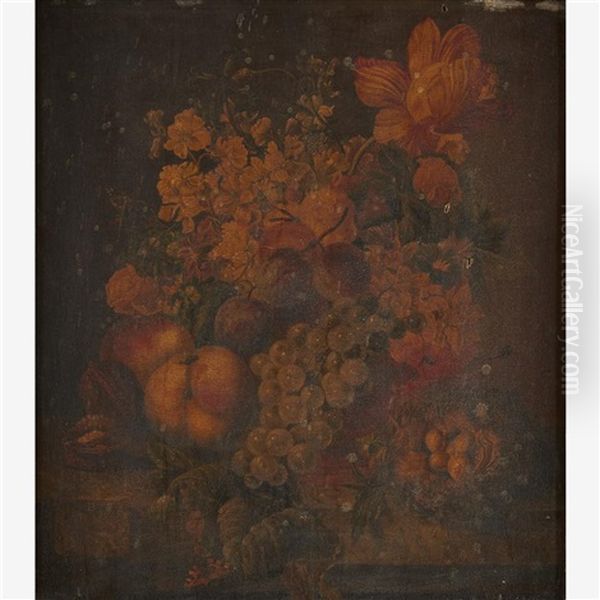 Tabletop Still Life With Mixed Fruits, Flowers, Walnuts And Bird's Nest On - view 1