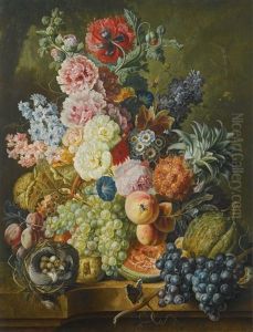 Still Life Of Fruits And Flowers Together With A Bird's Nest Arranged Upon A Stone Ledge by Paul Theodor van Bruessel