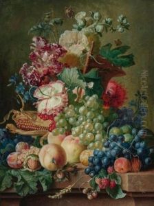 Still Life Of Flowers And Fruits On A Marble Ledge