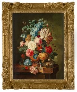 Stilleben Med Blommor, Insekter Och Rede by Paul Theodor van Bruessel