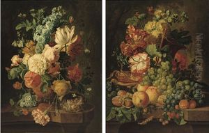 Tulips, Poppies, Carnations And Other Flowers In A Vase (+ Grapes, Corn On The Cobb, Peaches...; 2 Works)