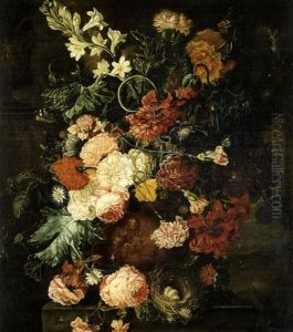 A Still Life Of Summer Flowers, Rose, Carnations, Tulips And Peonies In A Terracotta Figural Urn