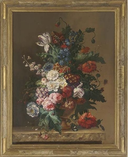 Parrot Tulip, Morning Glory, Stock, Pink Roses And Peonies, On A Stone Ledge - view 1
