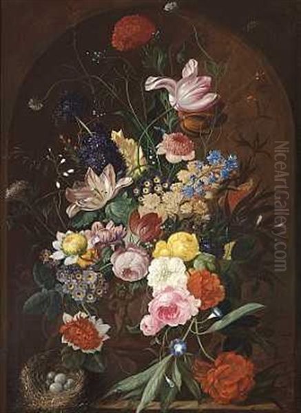 Opstilling I Niche Med Blomsterbuket Bestaende Af Tulipaner, Roser, Paeoner Og Andre Blomster I En Vase Prydet Med Putti. Ved Vasens Fod En Fuglerede Med Aeg - view 1