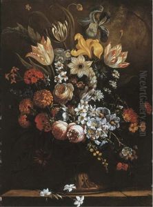 Flowers In A Sculpted Vase On A Stone Ledge