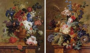 Still Life Of Flowers And Fruits On A Marble Ledge