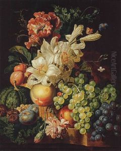 Lilies, Carnations And A Poppy In A Basket With Grapes, Plums, Gooseberries, A Melon And Other Fruit On A Stone Ledge