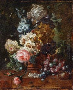 Roses, Tulips, A Hyacinth And Other Flowers In A Terracotta Vase With A Melon, Grapes And Plums On A Marble Ledge