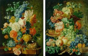 Tulips, Hollyhocks, Poppies, Carnations And Other Flowers In An Urn, With A Tortoiseshell Butterfuly, Corn And Nuts On A Ledge