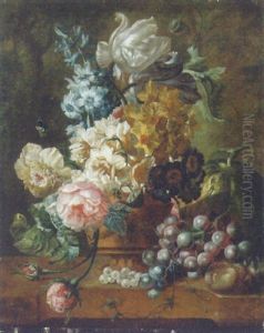 Roses, Tulips, A Hyacinth And Other Flowers In A Vase With A Melon, Grapes And Plums On A Marble Ledge by Paul Theodor van Bruessel