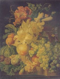 Lilies, Carnations, A Poppy, A Twig Of Plums And A Peach In A Basket, With Other Fruit On A Marble Ledge by Paul Theodor van Bruessel