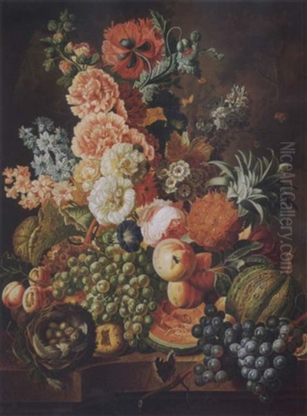 Elaborate Still Life Of Flowers, Peaches, Grapes, Melons, A Pineapple, A Bird's Nest And Insects On A Marble Ledge With A Landscape Beyond - view 1