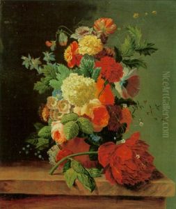 Blumenstilleben Mit Rosen, Schneeballen, Nelken Und Anderen Bluten In Bauchiger Vase Auf Einer Steintischplatte