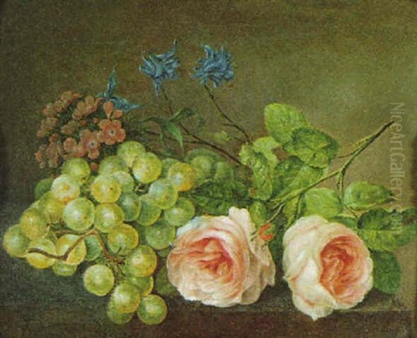 Weintrauben, Rosen Und Andere Blumen Auf Einemn Tisch - view 1