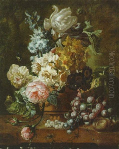 Roses, Tulips, And Other Flowers In A Vase With Fruit On A Marble Ledge - view 1