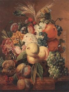 Plums, Peaches, Oranges, Grapes, Cherries, Ears Of Corn, Flowers, With Butterflies And Insects In A Basket On A Ledge by Paul Theodor van Bruessel