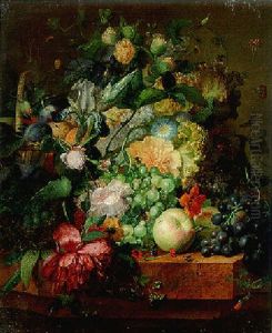 Irises, Roses, And Other Flowers With Apples, Grapes And Other Fruit On A Marble Ledge by Paul Theodor van Bruessel