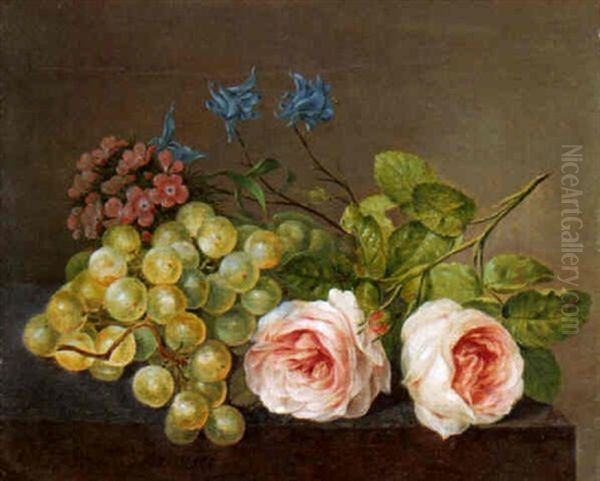 Grapes, Roses, Columbine And Othe Flowers On A Marble Ledge - view 1