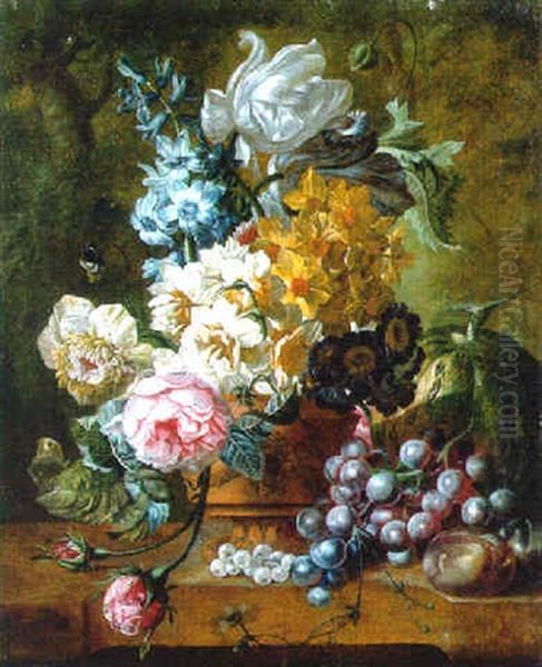 Roses, Tulips And Other Flowers In A Terracotta Vase With Fruit On A Marble Ledge - view 1