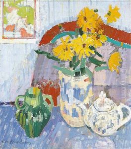 Vase De Fleurs Et Pots Sur La Table - Nature Morte Au Canape by Jean Brusselmans
