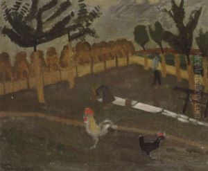 Coq Et Poules Devant Une Dame Etalant Son Linge Dans Son Verger by Jean Brusselmans
