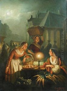 Fruit Stall At A Market By Candelight, Antwerp