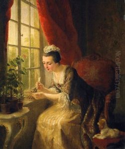 Die Mahlzeit. Eine Elegante Dame Im Salon, Kuken In Einem Neste Futternd by Francois Antoine de Bruycker