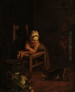 Madchen Mit Katze Spielend by Francois Antoine de Bruycker