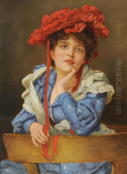 Portrait Of A Young Lady, Wearing A Blue And White Dress And Red Bonnet - view 1