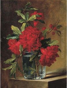 Pomegranate Blossoms In A Glass Vase On A Stone Ledge by Elise Bruyere