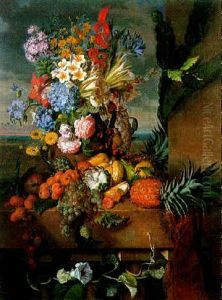 Nature Morte De Fleurs, Fruits Et Legumes by Elise Bruyere
