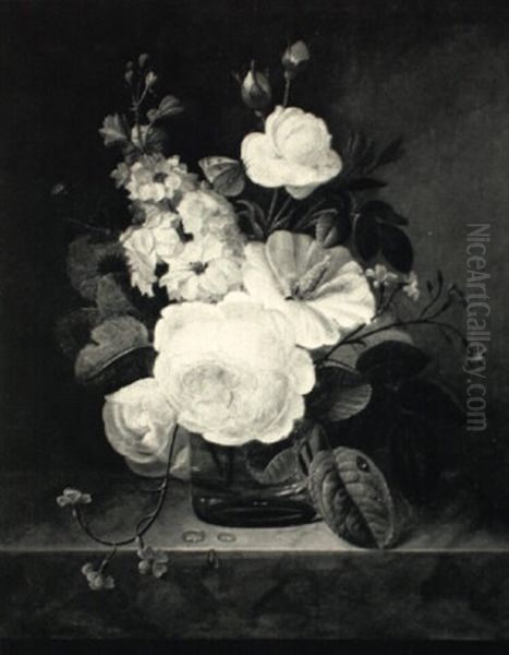Still Life Of Pink Roses, Hibiscus, Delphinium And Other Flowers In A Glass On A Marble Ledge - view 1