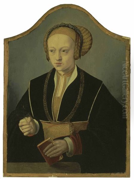 Portrait Of A Lady, Said To Be Princess Sybille Of Cleves, Wearing A Black Costume, Gold Chain And An Elaborate Headdress, Holding A Book And Rose Bud - view 1