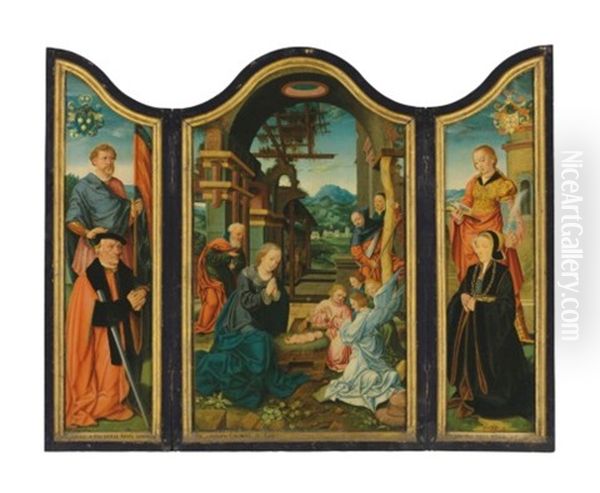 The Brauweiler Triptych: The Central Panel: The Adoration Of Christ; The Left Wing: Saint Gereon With The Donor Arnold Von Brauweiler (1468-1552), Burgermeister Of Cologne, With The Brauweiler Coat-of-arms; The Right Wing: Saint Barbara With The Donor's W - view 1
