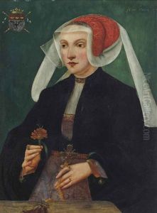 Portrait Of A Lady, Three-quarter-length, In A Black Dress And A Red And White Headdress, A Flower In Her Right Hand by Bartholomaeus Bruyn the Elder