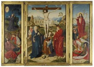 The Crucifixion, Flanked By The Agony In The Garden And The Resurrection, With Scenes From The Passion Beyond (triptych) by Bartholomaeus Bruyn the Elder