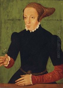 Portrait Of A Lady, Three-quarter Length, In A Black Tunic And Crimson Silk Sleeves, At A Ledge