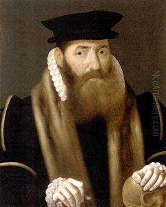 Portrait Of A Gentleman, Bust-length, In A Fur-trimmed Black Coat With White Collar And Cuffs, His Left Hand Resting On A Skull