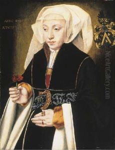 Portrait Of Maria Pastoir In A Black Dress And White Headdress With A Jewelled Belt, A Pink In Her Right Hand by Bartholomaeus Bruyn the Elder