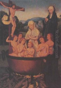 The Martyrdom Of Saint Felicity And Her Seven Sons With Christ On The Cross, The Virgin And A Donor Kneeling In Prayer by Bartholomaeus Bruyn the Elder